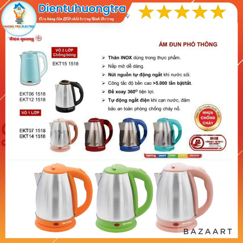 [ĐIỆN QUANG_Hàng Việt Nam] Ấm Đun Nước Siêu Tốc Điện Quang 1.8L Viền Màu