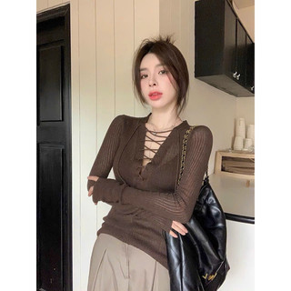 Áo len giấy mỏng đan dây ngực dài tay thu đông 147