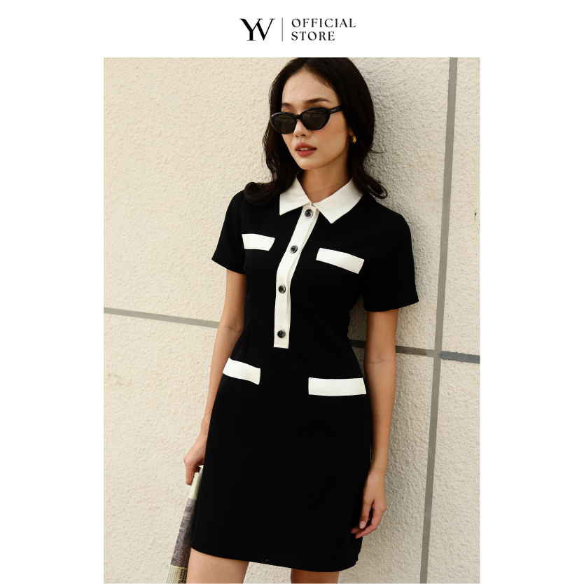 Đầm đen cổ trụ phối trắng – YV LE & CO