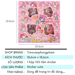 Sticker Kuromi Gấu Dâu Cinnamoroll Melody Hộp 100 Tấm Cute Trang Trí Toploader Decor Bình Nước Timo ST02