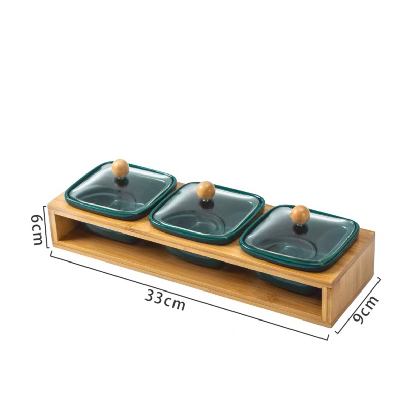 Khay Đựng Mứt Sứ Phong Cách Nhật Bản Nắp Kính Khay Gỗ Sang Trọng