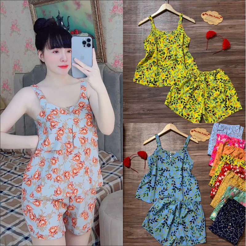 Bộ đồ dây bản to 2 tầng đính nơ quần bèo mặc nhà dễ thương phom dưới 40-63 kg - B30
