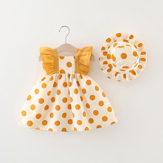 (7-8kg) Set váy kèm nón bé gái đi du lịch họa tiết chấm bi to PUMPKINSHOP D888