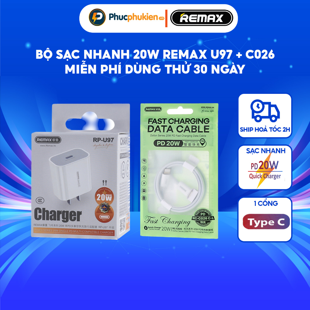 Combo bộ sạc nhanh 20w + Củ sạc 20w Remax U97 + Cáp sạc 20w Remax C026 ...