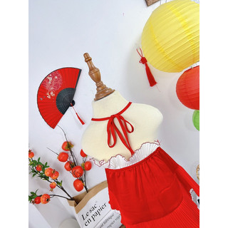 Bộ bé gái,Sét áo yếm đỏ hình con thỏ quần lụa trắng 10 đến 30kg B0229