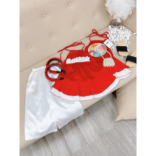 Bộ bé gái,Sét áo yếm đỏ hình con thỏ quần lụa trắng 10 đến 30kg B0229