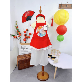 Bộ bé gái,Sét áo yếm đỏ hình con thỏ quần lụa trắng 10 đến 30kg B0229