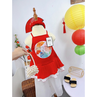 Bộ bé gái,Sét áo yếm đỏ hình con thỏ quần lụa trắng 10 đến 30kg B0229