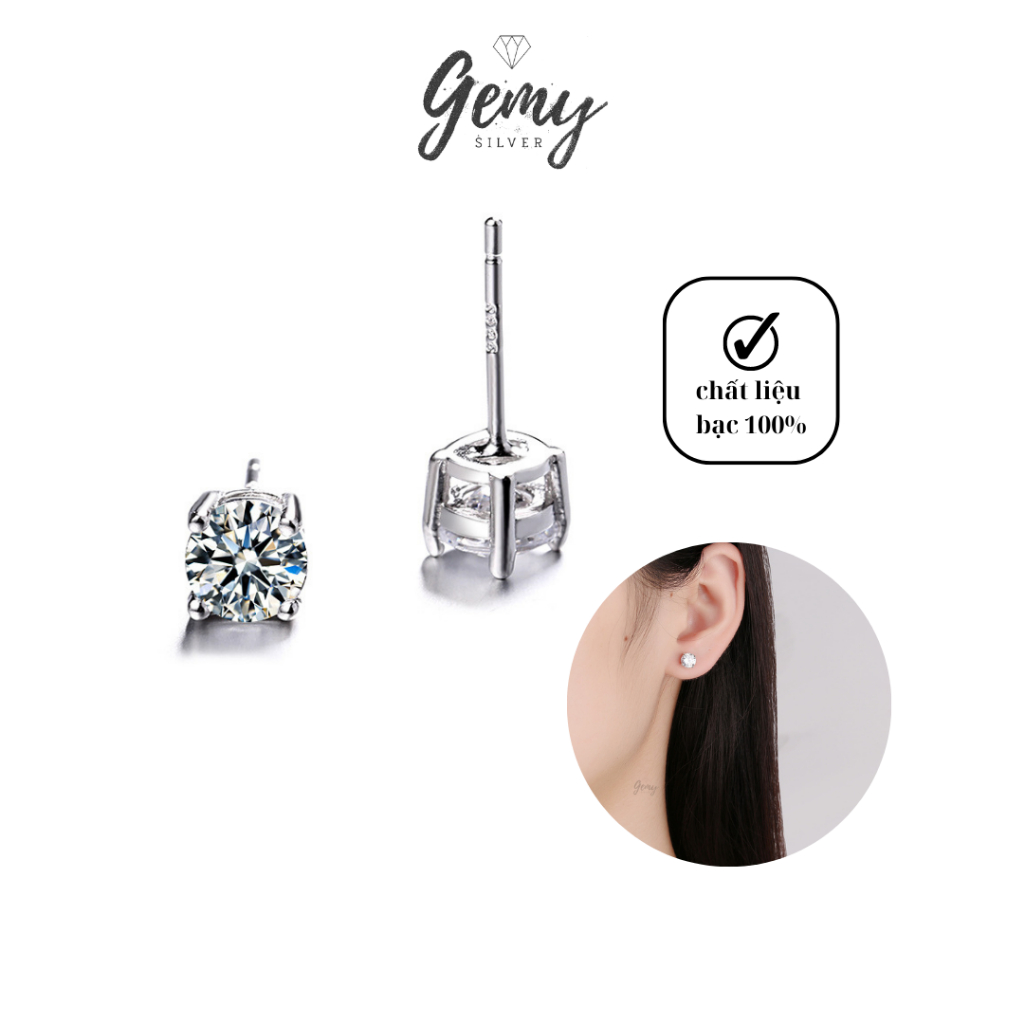 Khuyên tai nam nữ bạc 925 thanh thẳng ổ đá tròn 2 đơn giản unisex (1 chiếc) | GEMY SILVER KN103