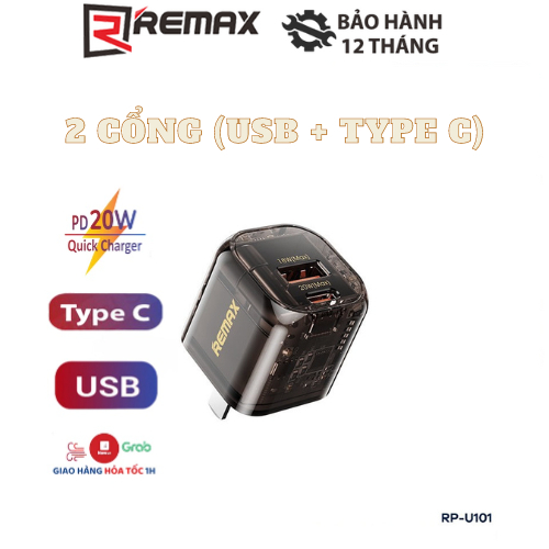 Cốc sạc nhanh Remax RP-U101 nhỏ gọn 1 cổng USB 1 cổng Type C Max 20W ...