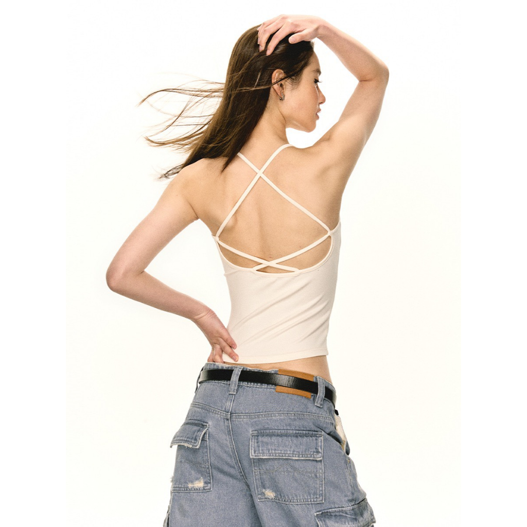 Áo croptop 2 dây cổ yếm đan chéo sau hở lưng hoạ tiết chữ chất thun cotton co giãn thoáng mát màu be AHDY001