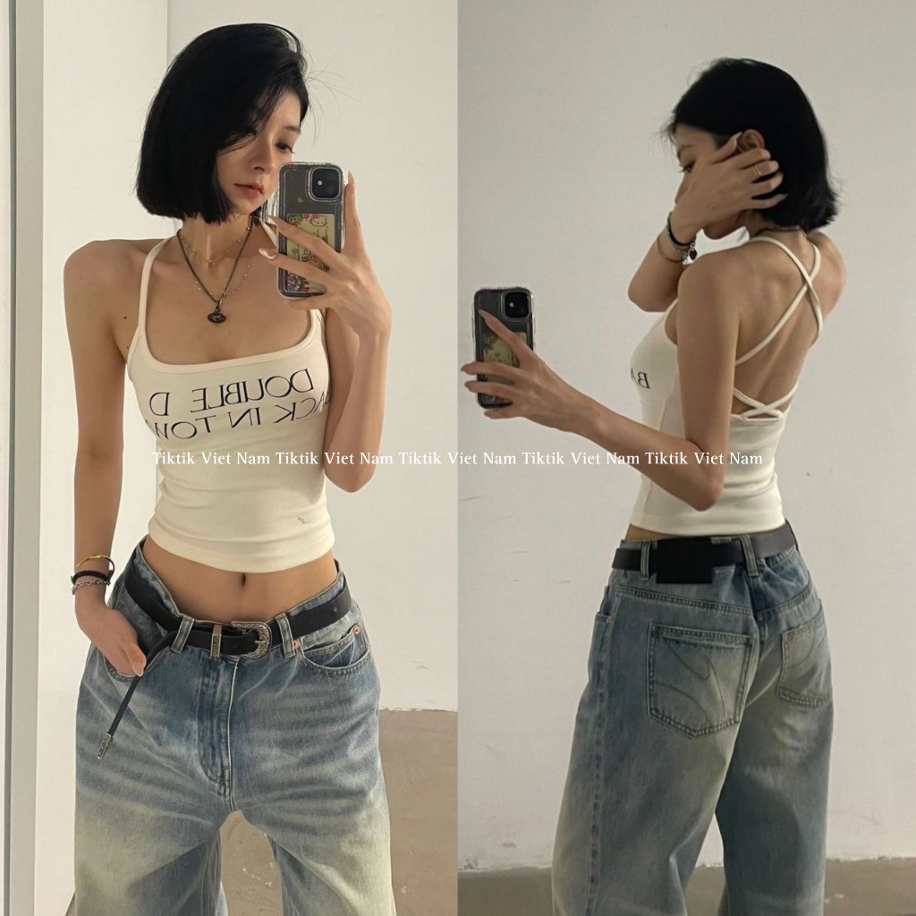 Áo croptop 2 dây cổ yếm đan chéo sau hở lưng hoạ tiết chữ chất thun cotton co giãn thoáng mát màu be AHDY001