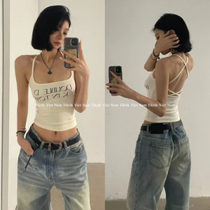 Áo croptop 2 dây cổ yếm đan chéo sau hở lưng hoạ tiết chữ chất thun cotton co giãn thoáng mát màu be AHDY001