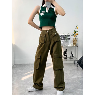 Quần Dài kaki túi hộp ống suông nữ lưng cao form rộng xuông cạp cao Avo Avocado