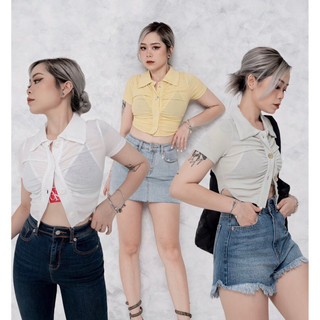 MIDDUA -CR207 Croptop cổ bẻ nhíu trước ngực