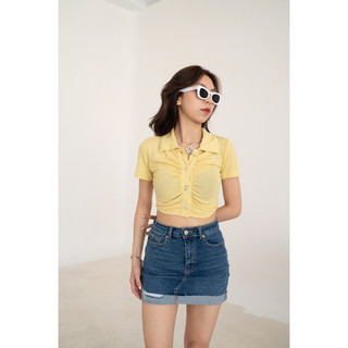 MIDDUA -CR207 Croptop cổ bẻ nhíu trước ngực