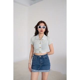 MIDDUA -CR207 Croptop cổ bẻ nhíu trước ngực