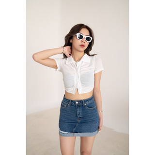 MIDDUA -CR207 Croptop cổ bẻ nhíu trước ngực