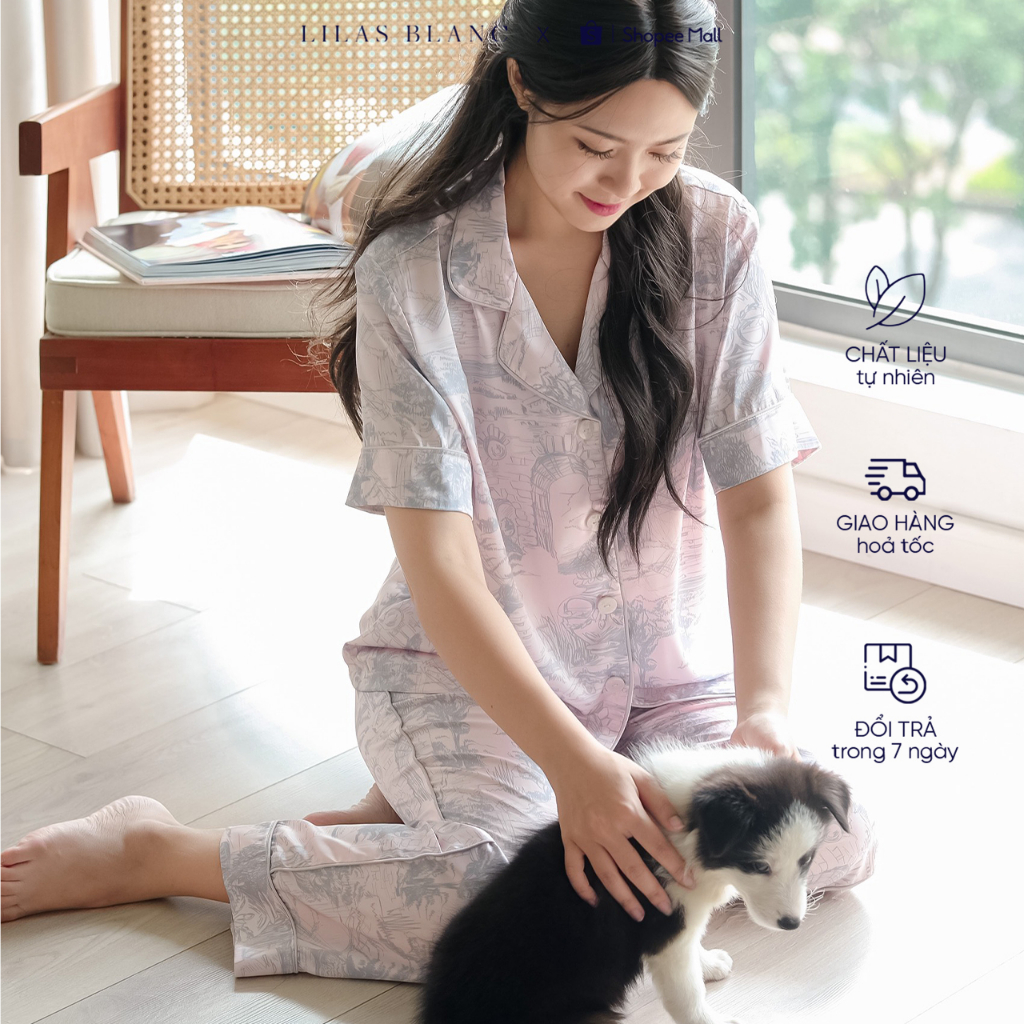 Bộ Pyjamas Nữ Mặc Nhà Áo Cộc Quần Dài Chất Liệu Lụa Màu Hồng In Họa Tiết Christian Pink LILAS BLANC spe