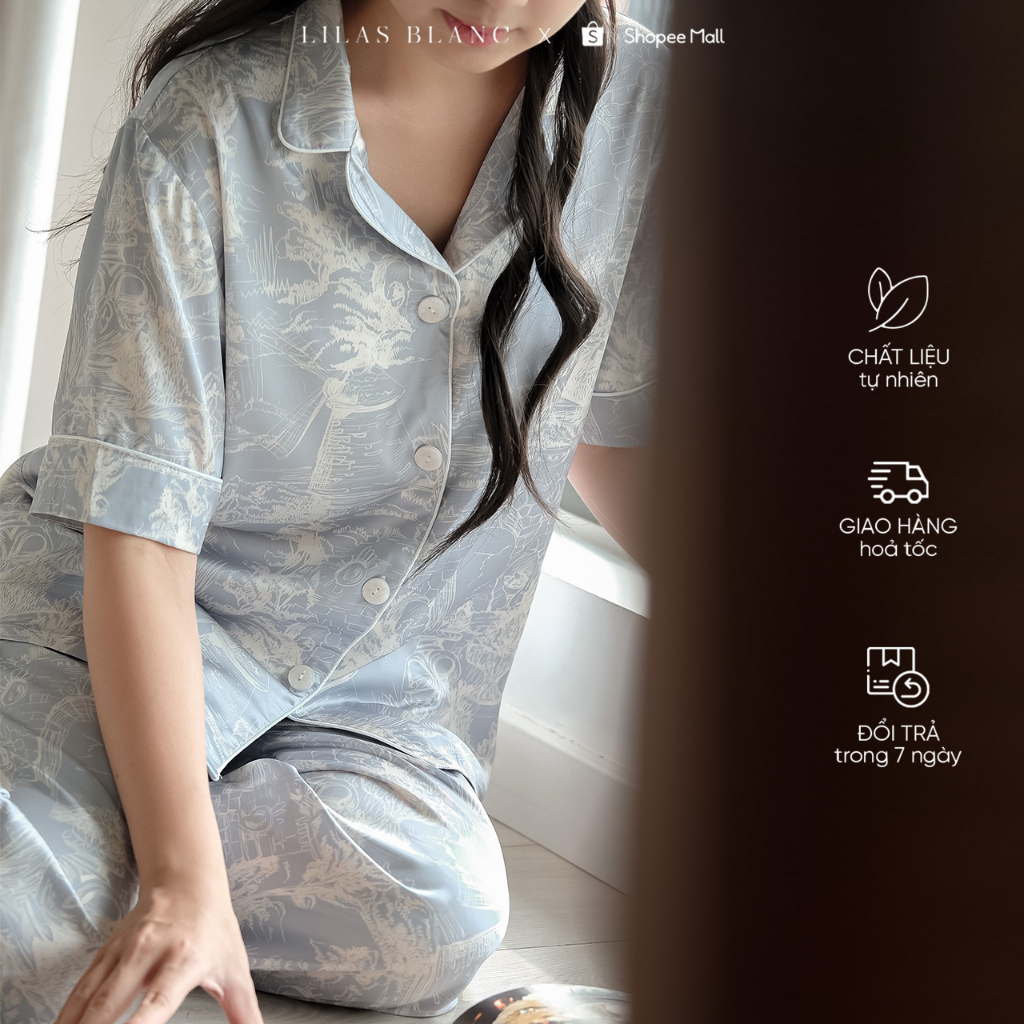 Bộ Pyjamas Nữ Mặc Nhà Áo Cộc Quần Dài Chất Liệu Lụa Màu Ghi In Họa Tiết Christian Grey LILAS BLANC spe