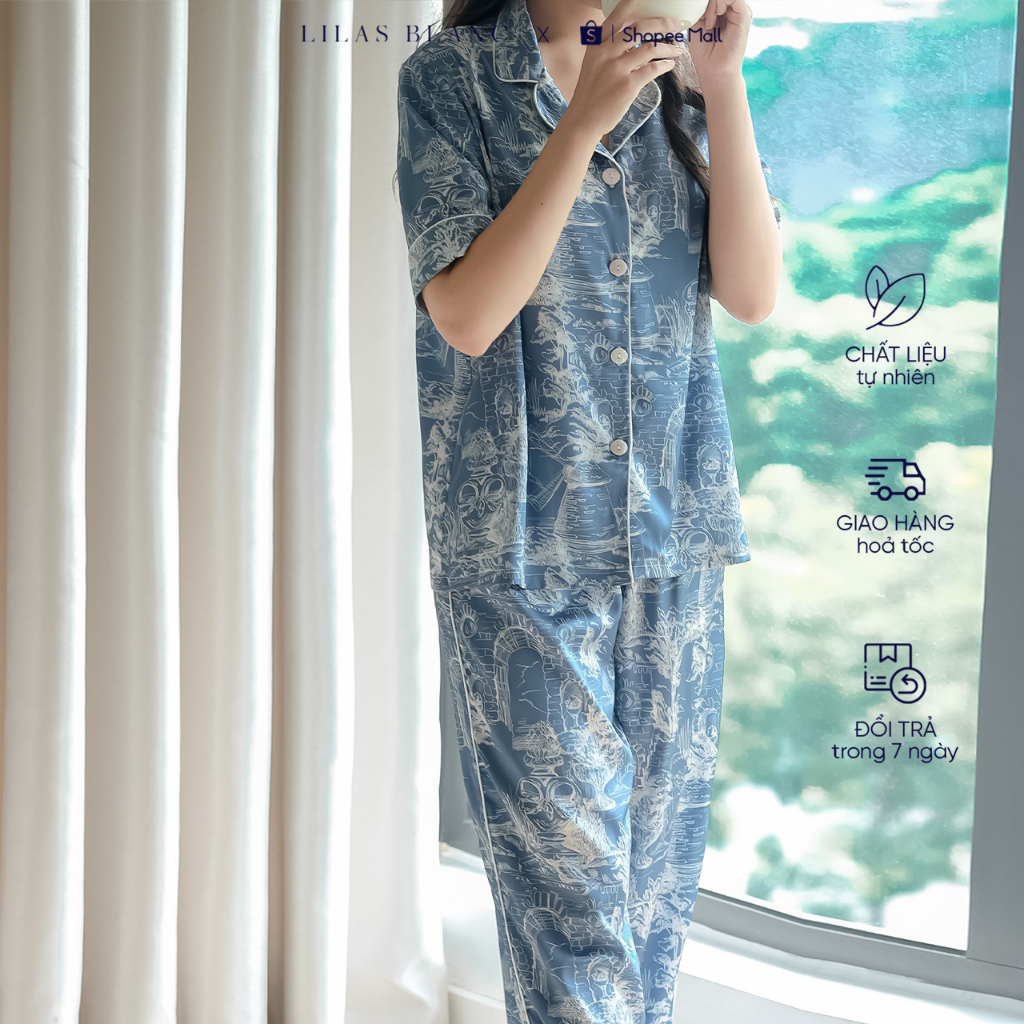 Bộ Pyjamas Nữ Mặc Nhà Áo Cộc Quần Dài Chất Liệu Lụa Màu Xanh In Họa Tiết Christian Blue LILAS BLANC spe