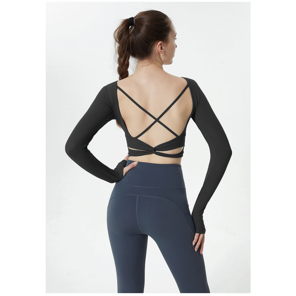 Áo  tập yoga Fit Her dài tay lưng đan dây gợi cảm có kèm mút ngực