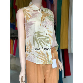 [JUNE LINEN] A14 - Áo sơ mi sát nách nữ họa tiết, Vải LINEN TƯNG PREMIUM.