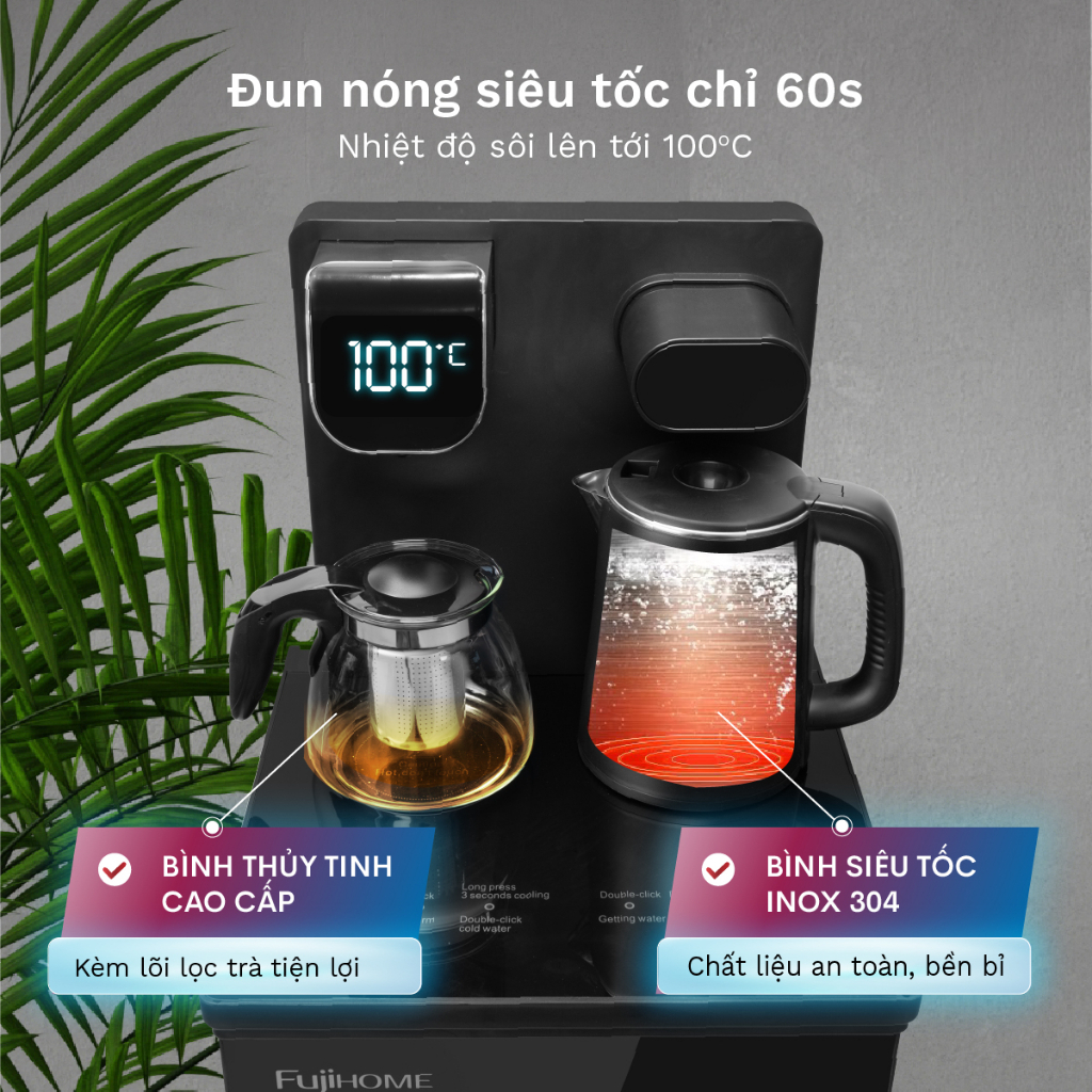Cây nước nóng lạnh Fujihome TB110E kết hợp bàn trà, làm lạnh chip điện tử bảo hành chính hãng 2 năm
