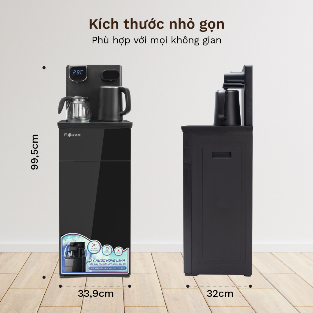 Cây nước nóng lạnh Fujihome TB110E kết hợp bàn trà, làm lạnh chip điện tử bảo hành chính hãng 2 năm