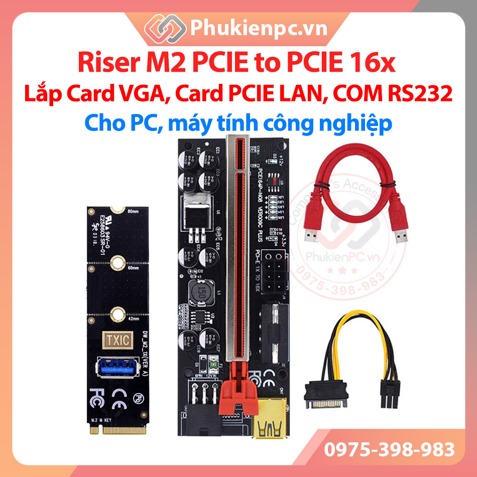 Bộ kit Riser M2 PCI-E to PCI-E 16x. Lắp đặt Card VGA, Card PCI-E, LAN ...
