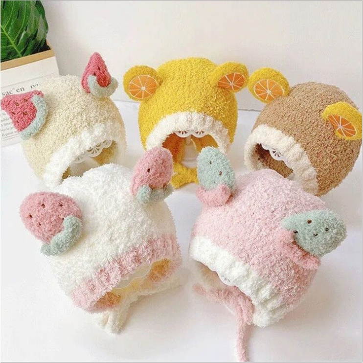 Mũ len lông cừu hình HOA QUẢ cho bé trai bé gái, có buộc dây cho bé 0-3 tuổi mesocshop