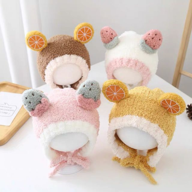 Mũ len lông cừu hình HOA QUẢ cho bé trai bé gái, có buộc dây cho bé 0-3 tuổi mesocshop