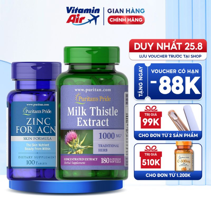 Combo giảm mụn nội tiết kiểm dầu, mát gan Puritan's Pride Zinc For Acne