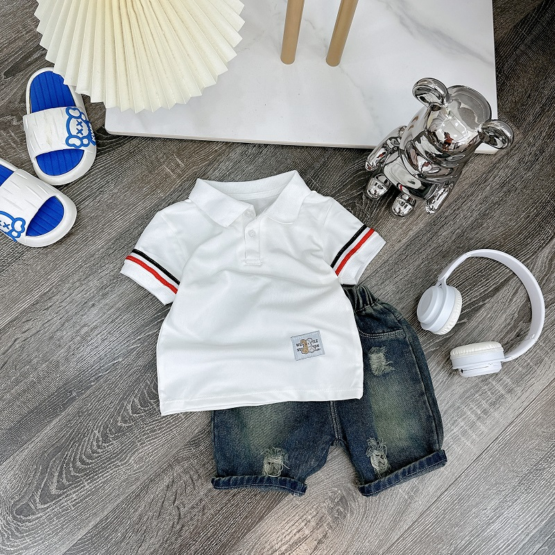 Sét bộ Polo phối tay sọc quần jean, áo chất polo cá sấu mềm mix quần jean mềm cho bé trai đi học đi chơi ,size 8-28kg