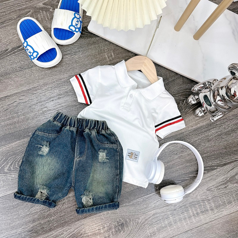 Sét bộ Polo phối tay sọc quần jean, áo chất polo cá sấu mềm mix quần jean mềm cho bé trai đi học đi chơi ,size 8-28kg