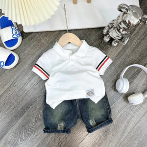 Sét bộ Polo phối tay sọc quần jean, áo chất polo cá sấu mềm mix quần jean mềm cho bé trai đi học đi chơi ,size 8-28kg