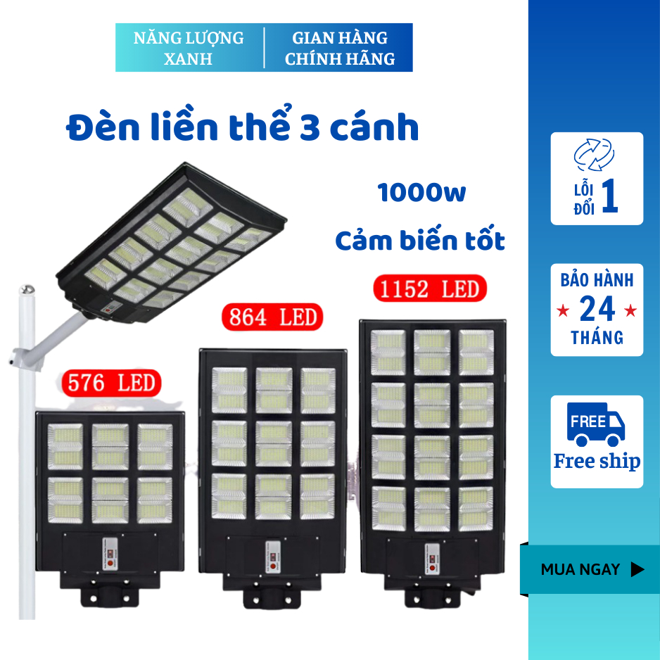 Đèn năng lượng mặt trời liền thể 3 cánh 1000w, Đèn Led năng lượng cảm biến chuyển động chống nước tốt