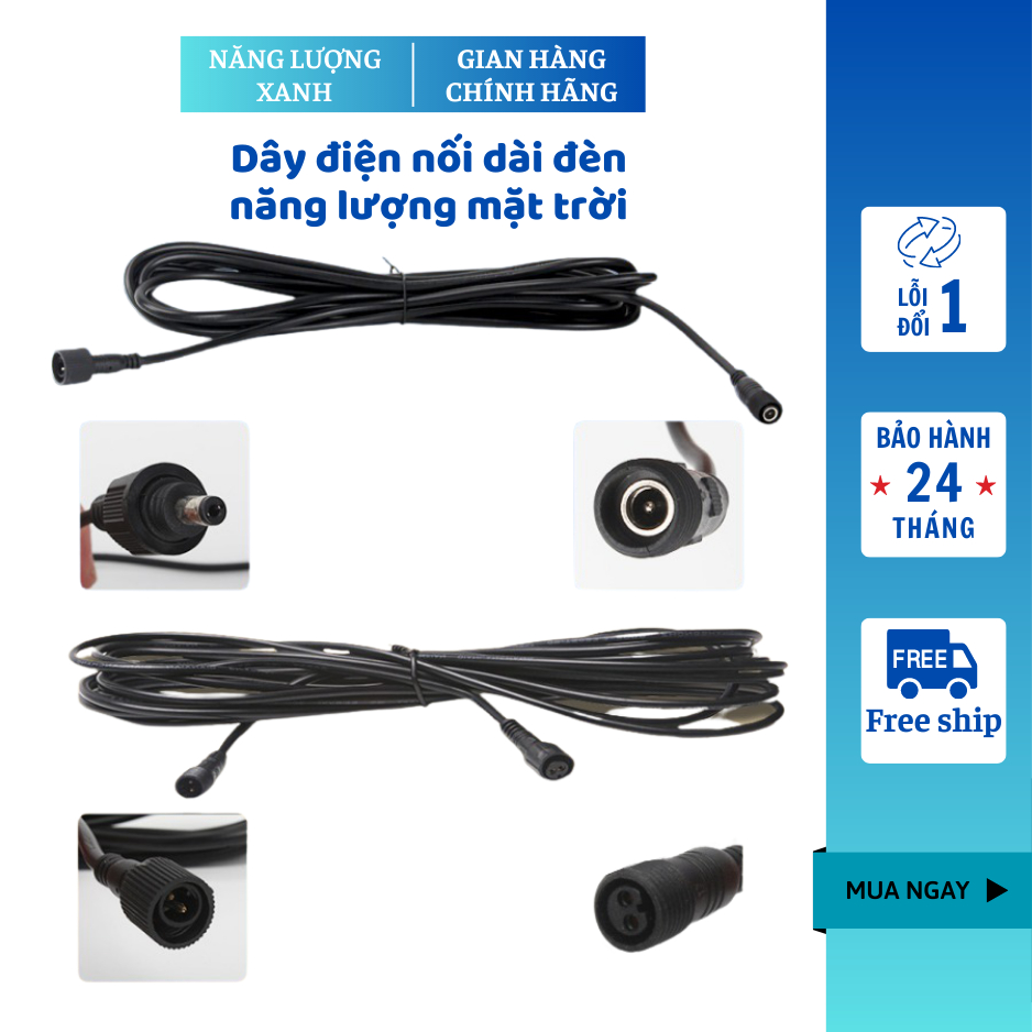 Dây điện nối dài đèn năng lượng mặt trời, Dây nối dài 2 chân dài 5m chịu nhiệt ngoài trời chống nước tốt