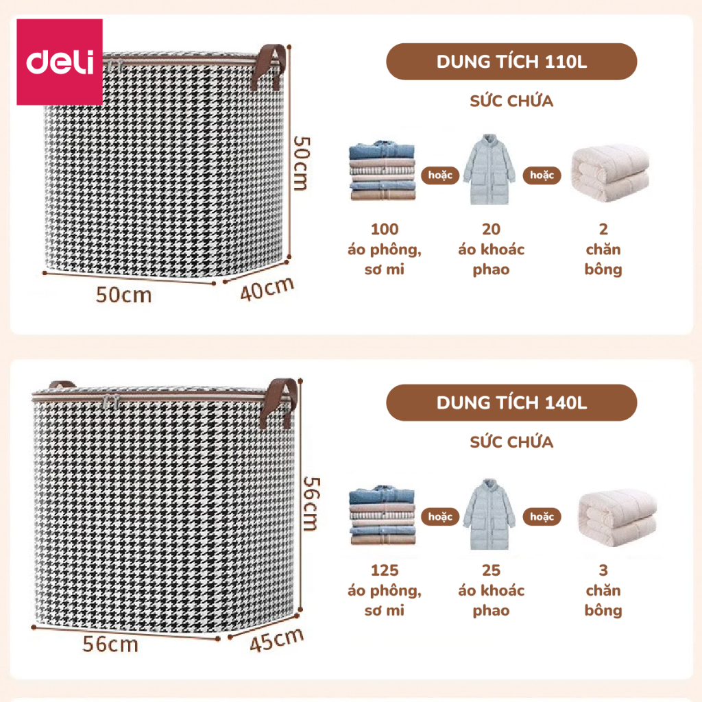 Giỏ túi đựng chăn quần áo bằng vải 140L DELI, Túi đựng chăn màn đa năng cỡ lớn có thể gấp gọn, chống bụi bẩn, ẩm mốc