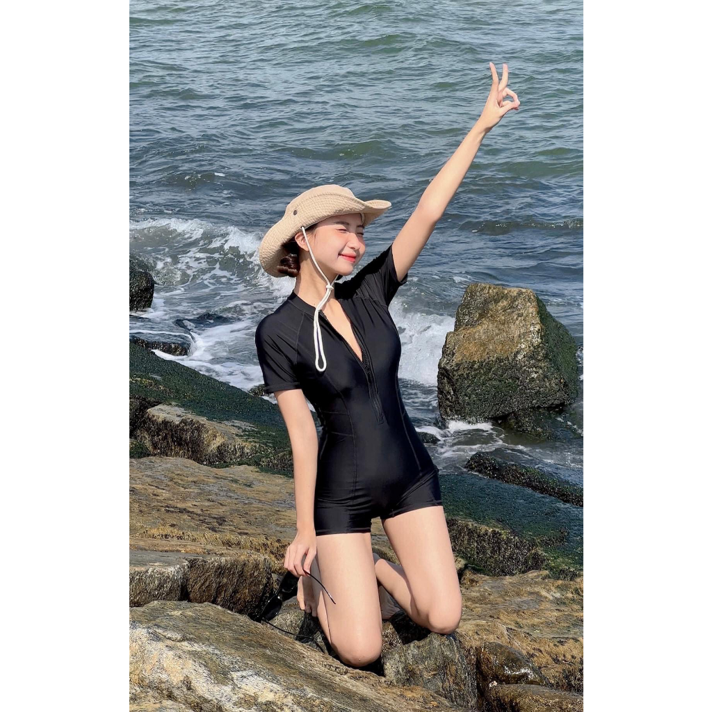 Đồ bơi đi biển bikini liền thân tay ngắn khóa kéo form shost sành điệu kín đáo HAN.T SHOP