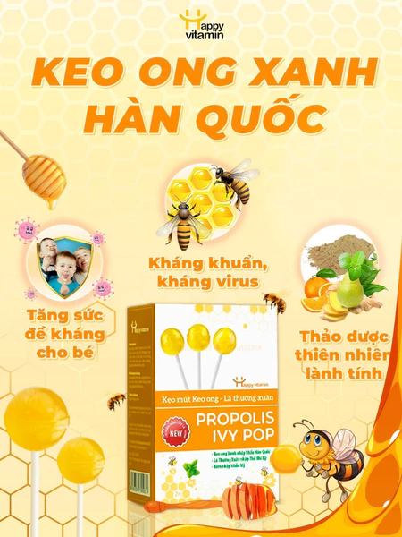 Kẹo mút ho keo ong lá thường xuân Happy Vitamin hỗ trợ ngăn ngừa ho, viêm họng, khản tiếng- Hộp 12 Que