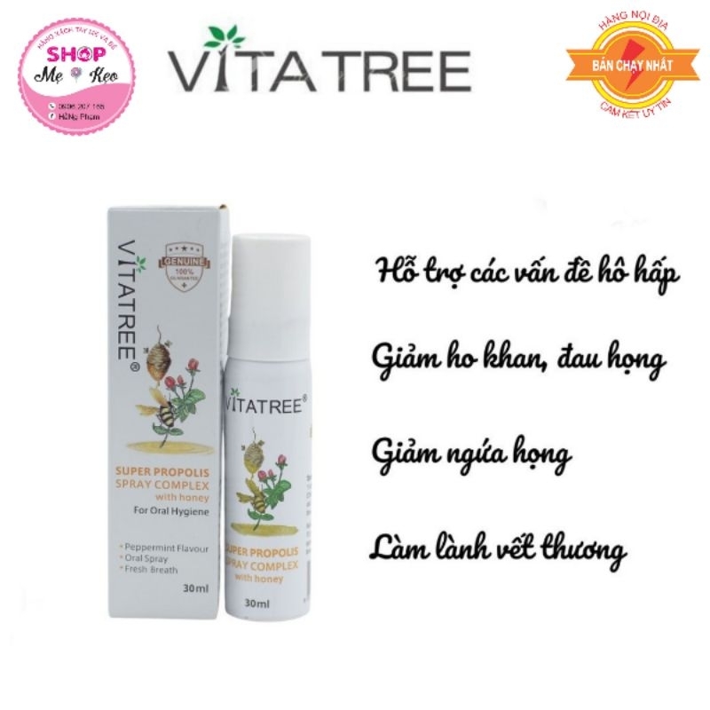 Xịt keo ong (30ml) giảm đau họng cho trẻ 2 tuổi trở lên Vitatree Super Propolis Spray complex with Honey, Úc