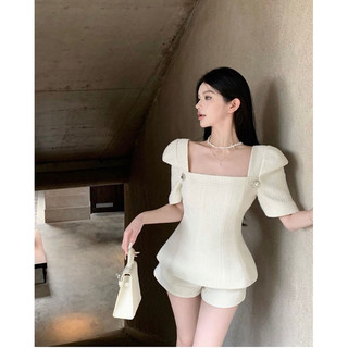 Set Áo Dạ Tay Cộc Cổ Vuông Kèm Quần Sooc Hàng 2 Lớp Kèm Tang Đá Rời Có Ảnh Thật