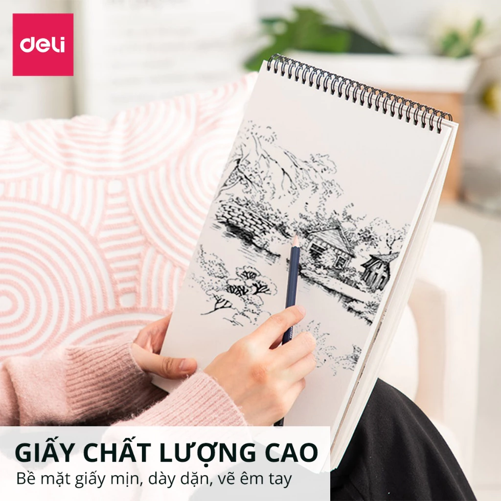 Sổ vẽ phác thảo Deli - Gáy lò xo - Khổ dọc A4 A3 B5 - Sổ vẽ không kị tẩy 110gsm / 160gsm - 73357 / 7