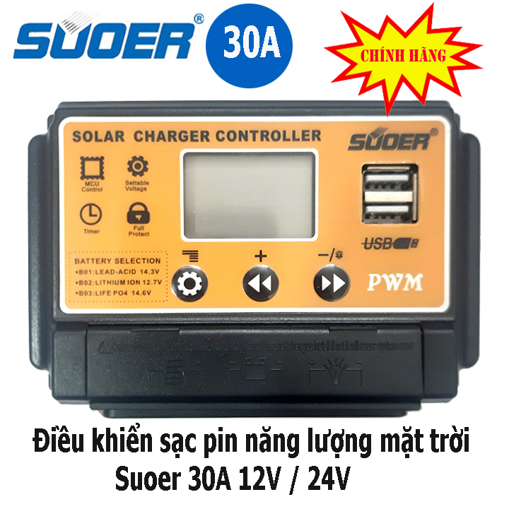 Điều Khiển Sạc Năng Lượng Mặt Trời Suoer St S1230 30a 12v 24v Tự Nhận