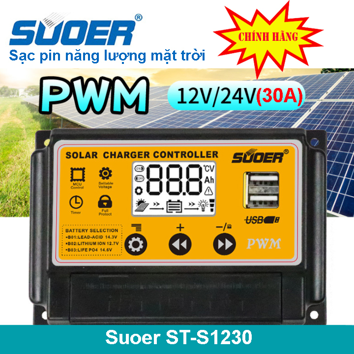 Sạc Pin Năng Lượng Mặt Trời Pwm Suoer 12v 24v 30a St S1230 Bhdt