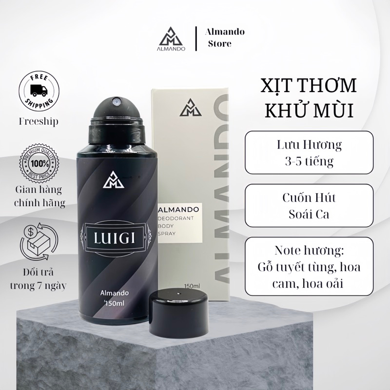 Body mist nam Almando, Xịt thơm khử mùi toàn thân chính hãng 150ml