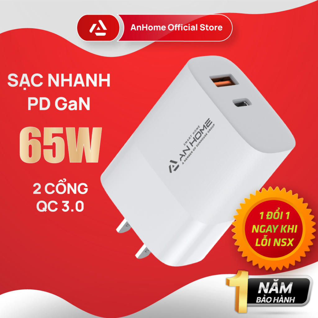 [XẢ KHO] Củ sạc nhanh 65W AnHome PD GaN 2 cổng TypeC + USB-A BD672 ...