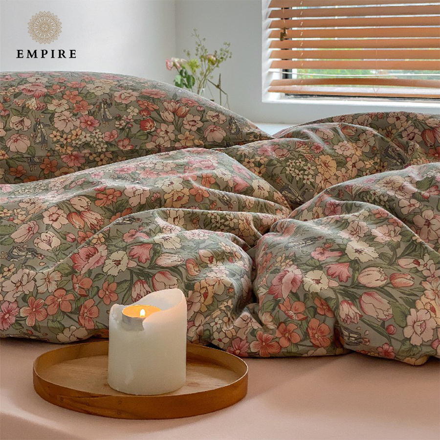 Bộ chăn ga gối 4 món bo chun cotton 100% EMPIRE ga giường hoa nhí thoáng mát- Empire Bedding & Decor