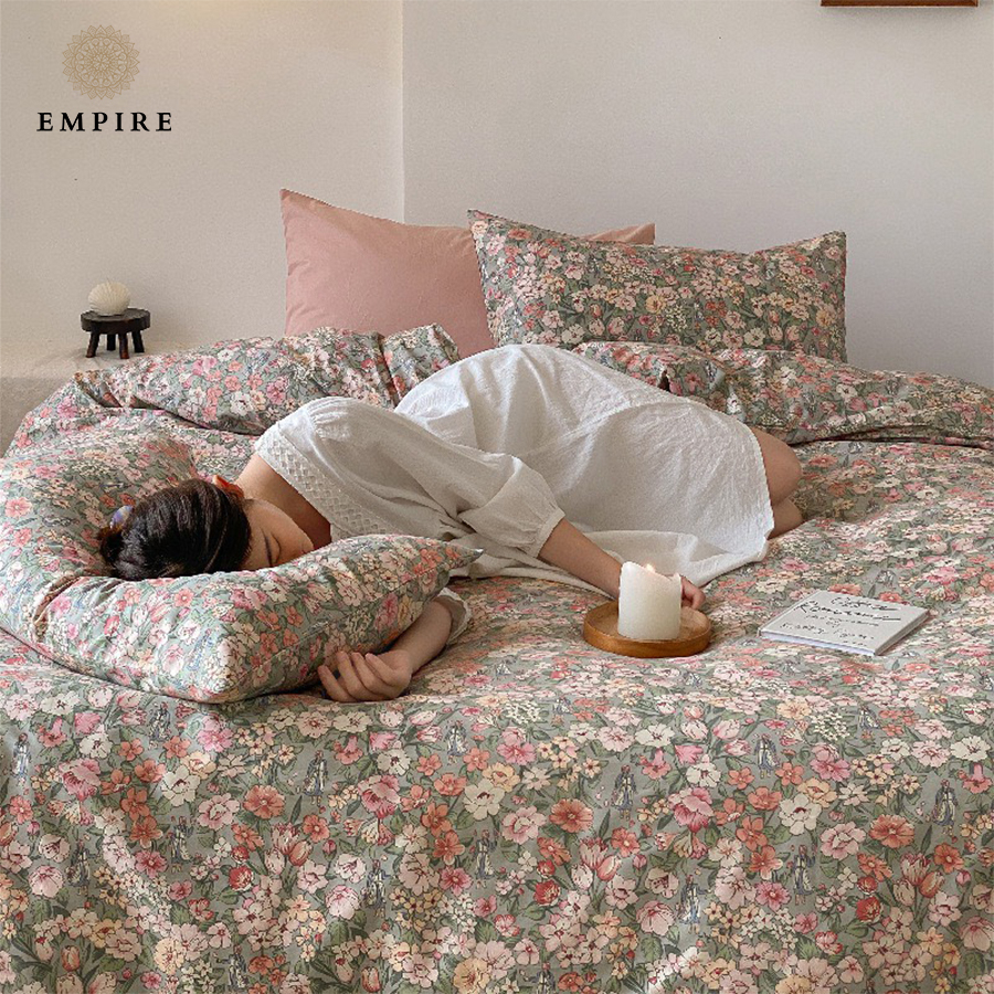 Bộ chăn ga gối 4 món bo chun cotton 100% EMPIRE ga giường hoa nhí thoáng mát- Empire Bedding & Decor